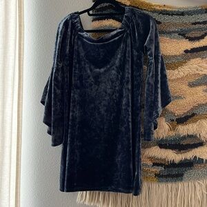 TRUE DESTINY Blue Crush Velvet Mini Tunic Dress Off The Shoulder Cowl Neck L